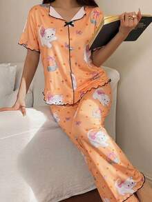 女款V領卡通印花睡衣套裝，捲邊短袖上衣與捲邊長褲，可愛睡衣套裝，女款居家服套裝，休閒時尚睡衣套裝 - 彩色 - 查看 4