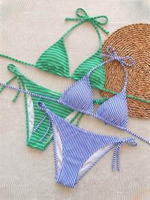 Vintage Striped Print Halter Tie Bikini Set, Sexy Push-Up High Waist Slim Fit Two Pieces Beach Swimsuit, Suitable For Women's Summer Vacation - Multicolor - View 2