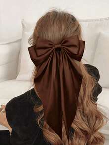 4pcs Large Satin Bow Hair Clips, Women's Long Tail Ribbon Bow Hair Clips, French Brown Silk Sweet Style Campus Style Tropical Style Hair Accessories - Multicolor - View 3