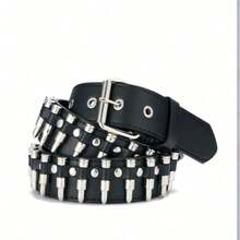 1pc Unisex Bullet Shape Punk Style Y2K Buckle PU Leather Belt - Silver - View 2