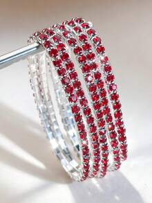 5pcs Shiny Rhinestone Elastic Bracelets Party Style Bling Bling Adjustable Pink Green Green Red Black Elastic Bangle Suitable For Women Gifts Delicate Bracelet - Red - View 5