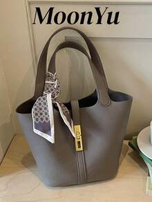 Tas Wanita Model Ember, Gesper Modis, Desain Minimalis Elegan, Cocok untuk Belanja, Bepergian, Bisnis, Padu Padan dengan Syal, Tas Abu-abu - Grey - View 1