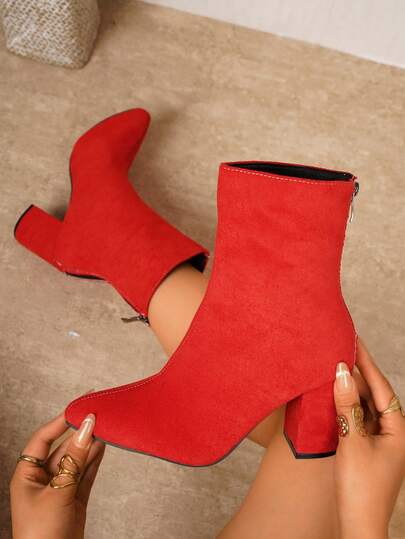 New Autumn/Winter Solid Color Zipper Chunky Heel Ankle Boots For Women, Commuter Fashion Minimalist Women's Boots