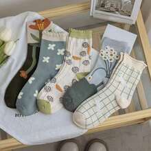 5 Pairs Mid-Calf Socks, Korean Style Ins Sweet Japanese Aesthetic Casual Comfortable Mid-Calf Socks - Multicolor - View 1