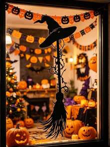 Halloween Waterproof PVC Window Stickers, Vine Witch Hat Magic Broom Silhouette Store Window Glass Removable Decorative Decals - one-size - View 3