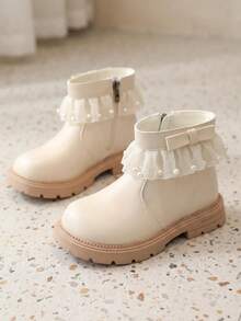 1 Pair 2026 New Girls' Mesh Pearl Ankle Boots, Bow Side Zipper Thick Sole Design, Sweet Fairy Princess Style, Suitable For Autumn/Winter Outings And Skirt Outfits - White - View 5