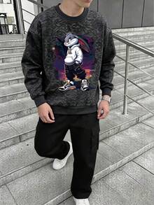 Set 2pcs/Set Sweatshirt Leher Bulat + Celana Kargo, Cocok Untuk Remaja Laki-laki dan Anak Laki-laki, Sweatshirt Motif Kartun Kelinci Jalanan + Celana Kargo, Cocok Untuk Pakaian Sehari-hari Musim Gugur/Dingin - MultiWarna - View 1
