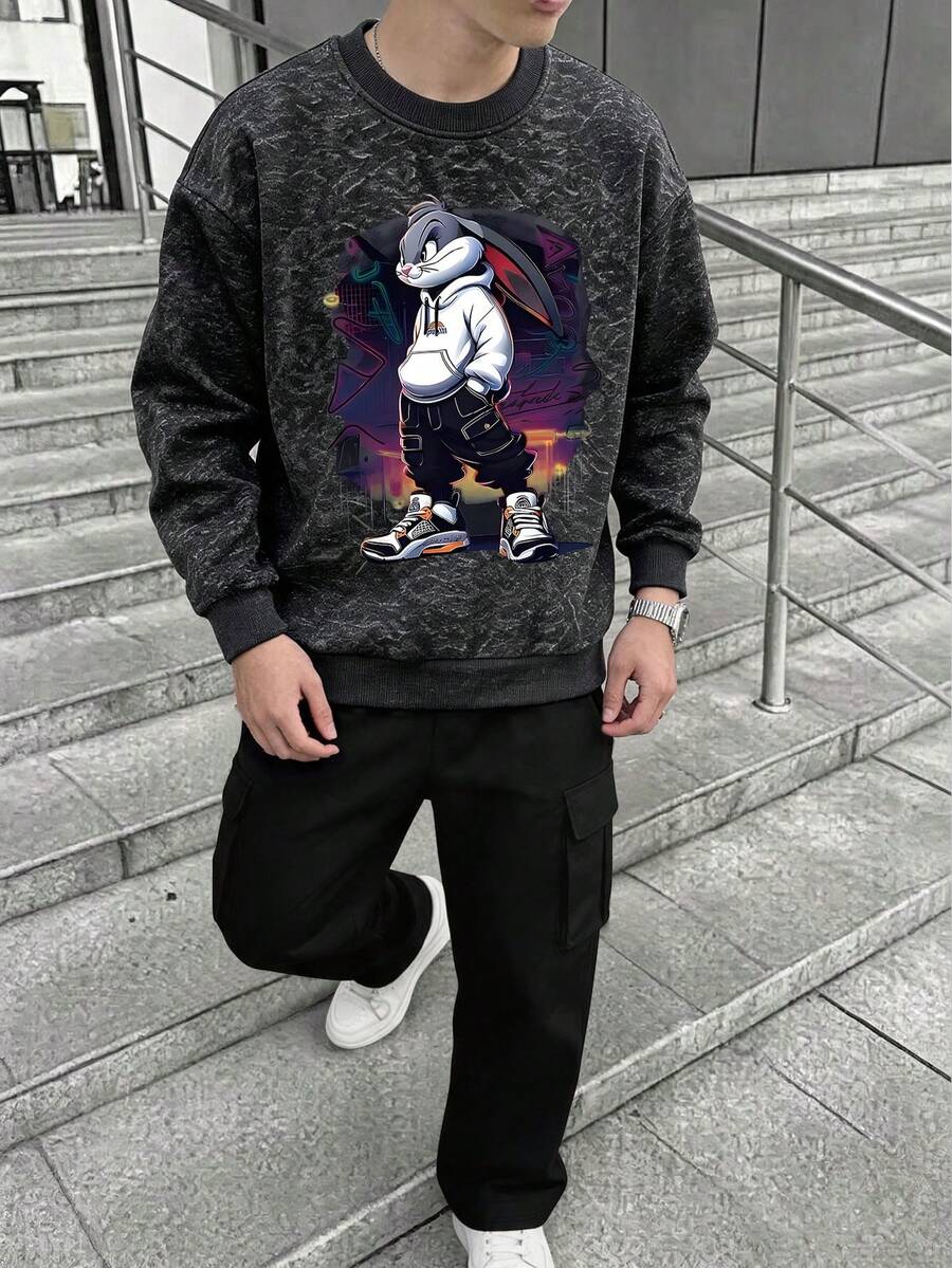 Set 2pcs/Set Sweatshirt Leher Bulat + Celana Kargo, Cocok Untuk Remaja Laki-laki dan Anak Laki-laki, Sweatshirt Motif Kartun Kelinci Jalanan + Celana Kargo, Cocok Untuk Pakaian Sehari-hari Musim Gugur/Dingin - MultiWarna - View 1