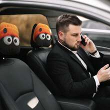 2pcs Orange Knitted Cartoon Big Eyes Funny Print Car Headrest Covers, No Filling, Easy To Install And Clean, Universal Size, Suitable For All Car Models, Ideal For Long Trips And Road Trips. - Multicolor - View 4