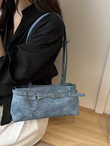 New Fashion Belt Decor Handbag & Shoulder Bag, Suitable For Parties, Gatherings, Outings, Vacations, Shopping And Daily Use, Can Store Coins, Phones, Also Suitable As Work Bag For White-Collar, College Students And Office Workers, Elegant Women's Bag - Blue - View 4