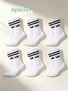 12 Pairs Unisex Classic 2-Stripe Mid-Calf Socks, Clover Logo Sports Casual Commute Versatile Socks - Multicolor - View 26