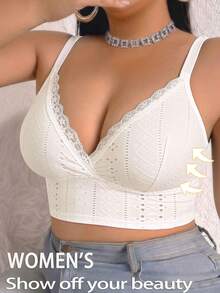 1pc Casual Comfortable Minimalist Plus Size Women's Bra With Lace Patchwork, Wireless Soft Comfortable Lingerie - White - View 3