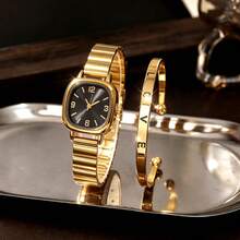 2 piezas Reloj de mujer con banda de acero dorado vintage francés, combinado con pulsera LOVE, reloj de pulsera versátil para uso diario, regalo perfecto para mujeres - Dorado - Ver 4