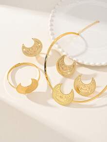 5Pcs 21K Gold Plated Crescent Moon Torque Jewelry Set, Rust-Resistant Gold Alternative Engraved Choker Necklace Open Bangles Earrings Ring - 01 - View 5
