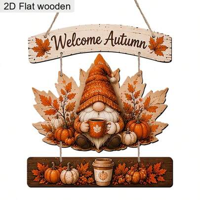 1 Set 2D Flat 3-Piece "Welcome Autumn" Gnome Wooden Hanging Decor - Rustic Farmhouse Maple Leaf & Pumpkin Door Sign, Includes Wooden Panel, Suitable For Thanksgiving Porch Wall Decor, Harvest Season Decoration, Seasonal Gnome Coffee Cup, 2D Flat