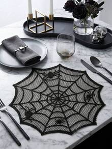 2pcs Black Lace Spider Web Placemats, Halloween Party Table Decor, Happy Halloween Decoration, Ghost Festival Decor, Table Centerpiece, Spooky Tableware, Spider Web Pattern Decor, Home Kitchen Dining Room Decoration - Black - View 9