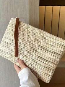 1pc Women's Straw Woven Clutch Bag Bohemian Style Summer Beach Straw Wallet Zipper Wristlet, Suitable For Any Occasion Such As Work, Business, Dating - Khaki - View 8
