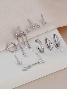 9pcs Artificial Zirconia Inlaid Star & Moon Chain Pendant Earrings Set, Fashionable Layering Accessories For Women's Daily Wear, Date, Party And Gathering - Silver - View 4