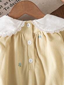 Baby Girl Floral Embroidered Peter Pan Collar Long Sleeve Bodysuit - Beige - View 8