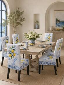 Porcelain Blue Tile Lemon Chair Cover, European Coastal Polyester Dining Chair Slipcover With Yellow Citrus Fruit, White Flower Print, Soft Fitted Backrest Seat Cover For Dining Room Chair Decor, Kitchen Chair Protector, Kitchen . - Multicolor - View 10