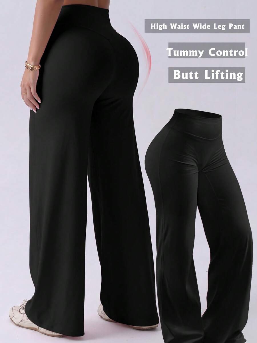 Women's High Waist Solid Color Flare Yoga Pants, Sports Running Fitness, Black, Spring Fall