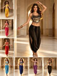 Conjunto de 2 piezas de top sexy con lentejuelas de colores, flecos, cuello halter y manga corta, y pantalones de baile con lunares brillantes, estilo egipcio sari bohemio vintage para danza del vientre, disfraz exótico brillante para festival de música electrónica, carnaval, escenario, discoteca y playa BNMV - Conjunto amarillo - Ver 3
