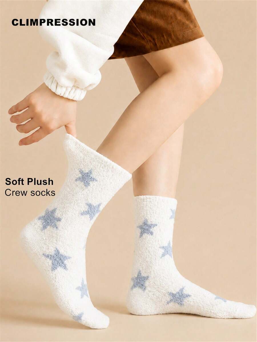CLIMPRESSION 1/3/5 paires de chaussettes mi-mollet pour femmes, motif étoile, en polaire corail moelleux, douces, chaudes et confortables, pour l'automne/l'hiver, à porter à la maison et pour dormir - Blanc - Voir 1