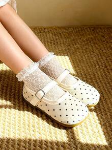 1 Pasang Sepatu Flat Anak Perempuan Minimalis Warna Polos Berventilasi Motif Polkadot, Cocok untuk Jalan-jalan, Sekolah, dan Musim Panas - Krem - View 2