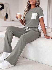 Women's Spring/Summer New Round Neck Short Sleeve T-Shirt And Casual Daily Elastic Waist Loose Long Pants 2-Piece Set, Fashionable Contrast Color Pocket Casual Home Sports Leisure Outfit - Grey - View 4