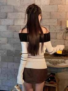 Bow Detail Off-Shoulder Knit Sweater, Slim Fit Long Sleeve Top With Black Trim, White Fall Winter Outfit, Elegant Chic Layering Pullover - White - View 5