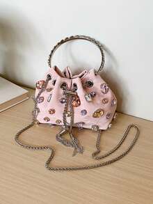 Túi đeo chéo cầm tay dáng xô cho nữ, viền đá rhinestone, tay cầm tròn, thiết kế dây rút tua rua, túi xách phong cách tiên nữ ngọt ngào, phù hợp cho đám cưới mùa xuân, tiệc cô dâu, hẹn hò, váy dạ hội trang trọng, đám cưới, tiệc sinh nhật và lễ tốt nghiệp - Hồng - Xem 6