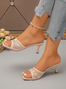 Beige Summer New Woven Breathable Open Toe High Heel Sandals With Bow Knot, Versatile Minimalist Thin Heel Sandals For Women - Beige - View 2