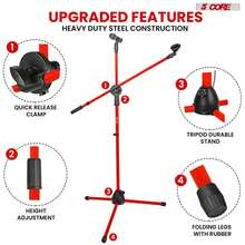 5 Core Mic Stand 2Pcs Floor Height Adjustable Tripod Microphone Stands W Telescoping Boom Arm - Red - View 6