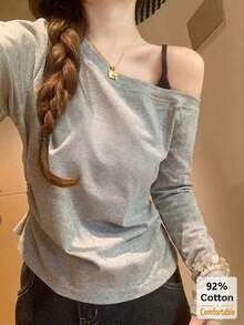92% Cotton Asymmetrical Neckline Cami Top, Grey Floral Long Sleeve Blouse, Stylish Base Layer - Gray - View 4