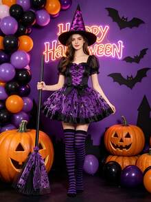 Women Halloween Witch Cosplay Costume Set, Witch Hat, Tulle Skirt & Broom Prop, Fancy Dress Outfit For Theme Party Masquerade Ball Stage Performance - Multicolor - View 2