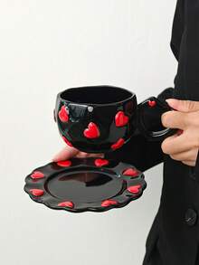1 Set Highly Attractive Heart Pattern Ceramic Coffee Cup, Ceramic Water Cup, Heart-Shaped Handle Heat-Resistant Microwave , Afternoon Tea Cup And Saucer, Coffee Cup And Saucer, Tea Cup, Tea Set, Breakfast Milk Cup, Gift For Family - Multicolor - View 16