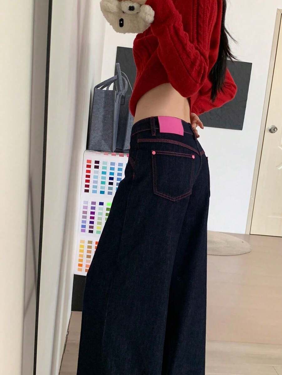 Celana Jeans Wanita Gaya Amerika Hot Girl Colorblock Pinggang Rendah Kaki Lebar Lurus Longgar Ramping Model Drape Panjang Hingga Lantai - Hitam - View 1