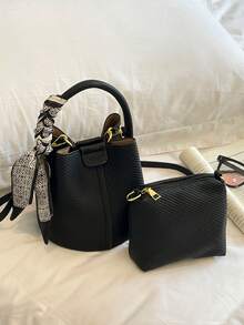 Bolso de cubo para mujer, bolso de mano elegante y versátil de unicolor a rayas negro con pañuelo, adecuado para compras y viajes, incluye una pequeña bolsa - Negro - Ver 5