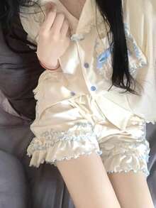 Women Pajama Sets - Solid Color Lace Set # Two Short Pieces - View 7