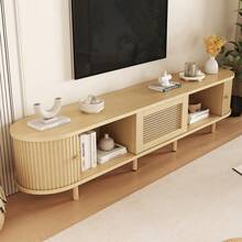 Modern Low-Profile TV Unit With Round Design And Roll-Up Shutter Door, Made Of MDF, With Drawer, Suitable For TVs Up To 75 Inches, For Living Rooms And Dining Rooms, 180x40x40cm, Wood Color. - 1 - View 9