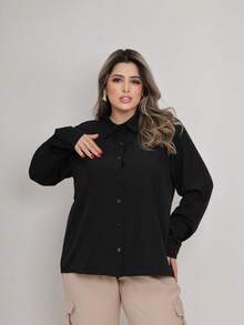 Women's Plus Size Plain Collared Dress Shirt With Long Sleeves - 黑色 - 查看 1
