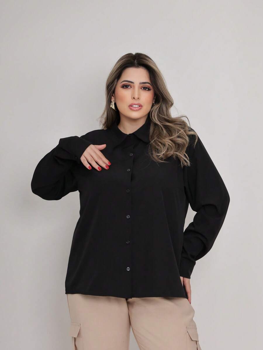 Women's Plus Size Plain Collared Dress Shirt With Long Sleeves - 黑色 - 查看 1