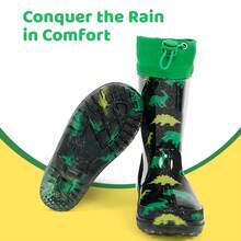 HSYAAMOO Boys' Black Glitter Dinosaur Print Drawstring Cuff Rain Boots, Transparent Thick Sole Non-Slip Rubber Mid-Calf Waterproof Rubber Shoes For Outdoor Water Play - Dark Green - View 5