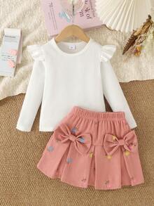 2pcs Young Girls' Casual Cute Round Neck Flutter Sleeve Long Sleeve Top & Double Bow Decorated Embroidered Fabric Skirt Set, Comfortable & Sweet, Suitable For Daily Wear And Outings In Spring And Autumn - White - View 4
