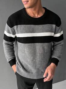 ZYNTH BALENO Men's Fashion Autumn/Winter 7-Gauge Patchwork Loose Drop Shoulder Crew Neck Long Sleeve Sweater, Suitable For Gym Sports - Grey - View 3