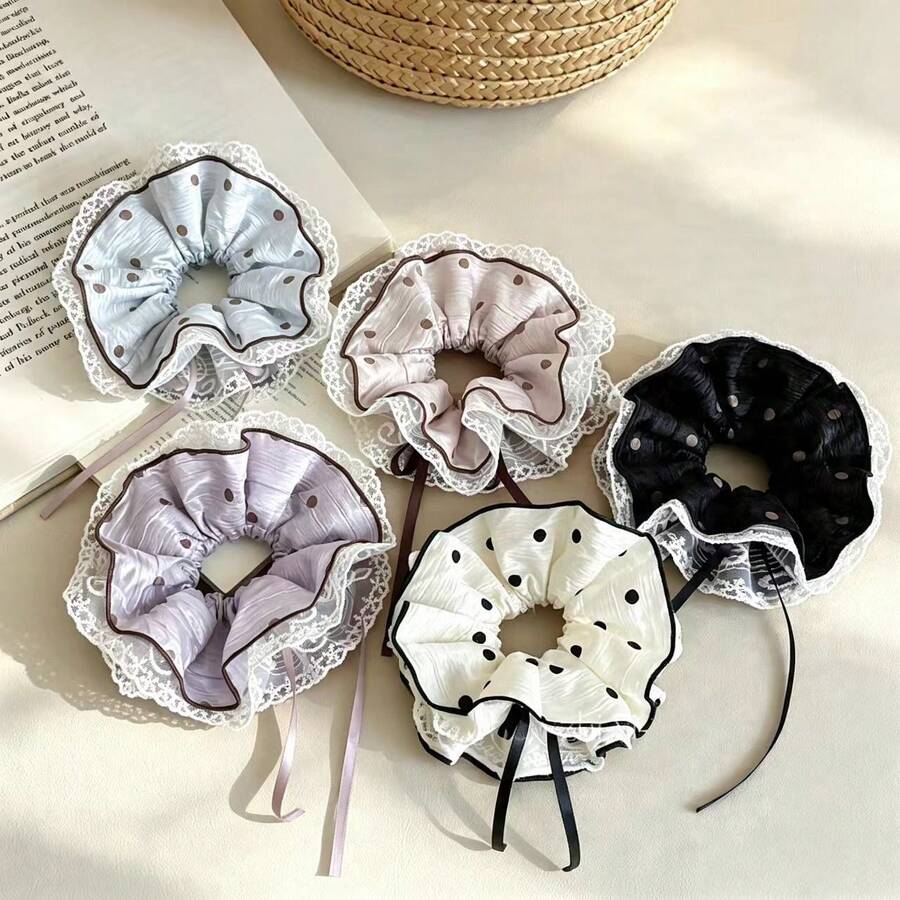 Navy Blue Polka Dot Double Layer Scrunchie 2026 New Style Premium Hair Tie For Bun Hairstyle Hair Accessory - Multicolor - View 1