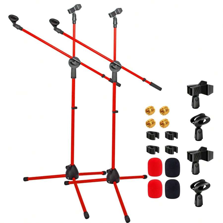 5 Core Mic Stand 2Pcs Floor Height Adjustable Tripod Microphone Stands W Telescoping Boom Arm - Red - View 1