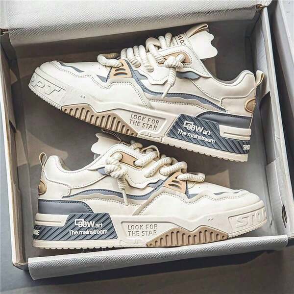 Men's PU Leather Platform Sneakers, Casual Sports Loafers, Lace-Up White Shoes For Men