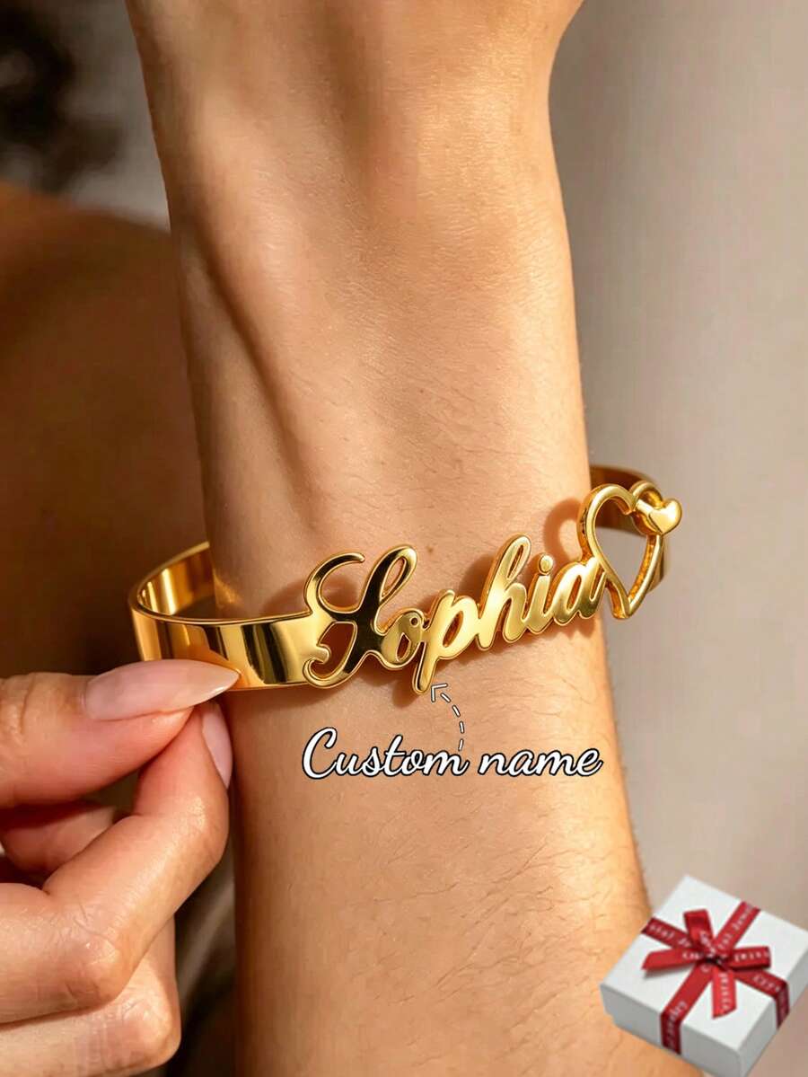 Vòng tay nữ bằng thép không gỉ khắc tên cá nhân, thiết kế hình trái tim rỗng, trang sức cưới và quà tặng ngày Valentine, trang sức dành cho phái nữ, vòng tay có thể đeo chồng lên nhau. - Vàng - Xem 1