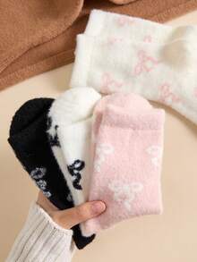4/2 Pairs Soft Cute Bow Pattern Mink Fur Mid-Calf Socks, Non-Slip Comfortable Warm, Suitable For Autumn/Winter - Multicolor - View 3